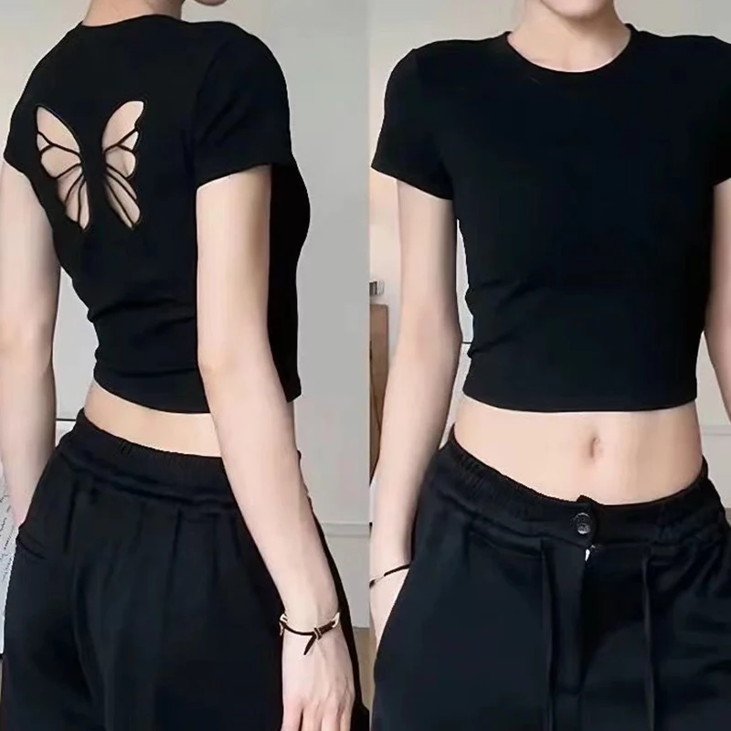 Fashion Women T-shirt Short Sleeve O Neck Solid Slim Fit Ladies Crop Top Butterfly Hollow Backless for Casual Tops Summer 2025 6 Fashion Women T-shirt Short Sleeve O Neck Solid Slim Fit Ladies Crop Top Butterfly Hollow Backless for Casual Tops Summer 2025