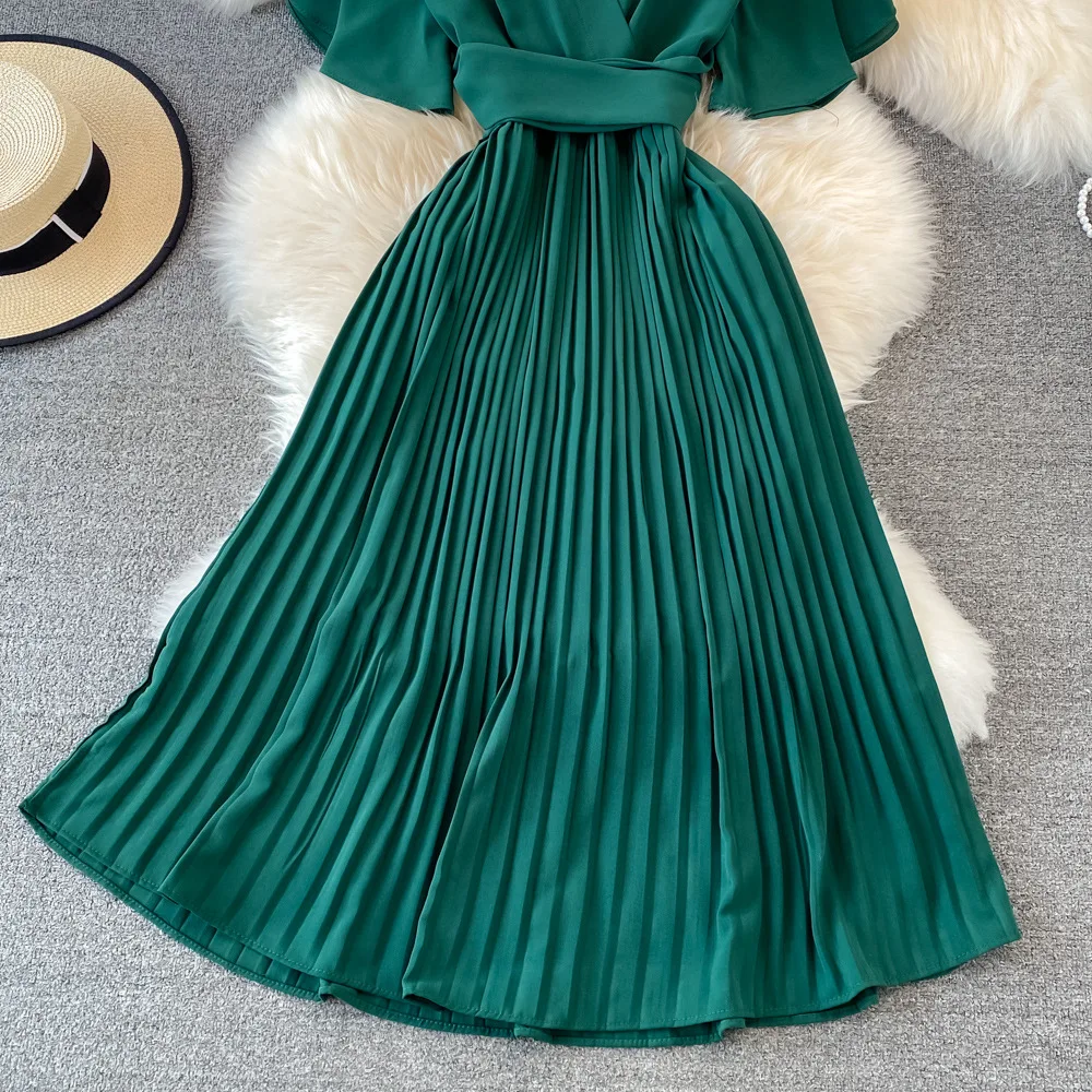 Women Elegant Pleated Dress Summer Short Sleeve V-neck Vintage Dresses Ladies A Line High Waisted Midi Dress