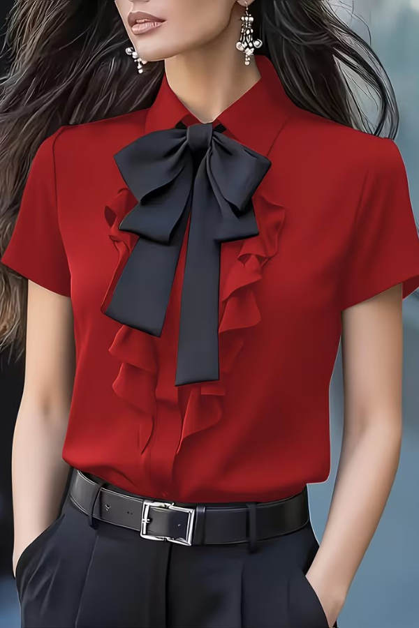 Solid Color Tie-neck Ruffle Collar Short-sleeved Casual Shirt