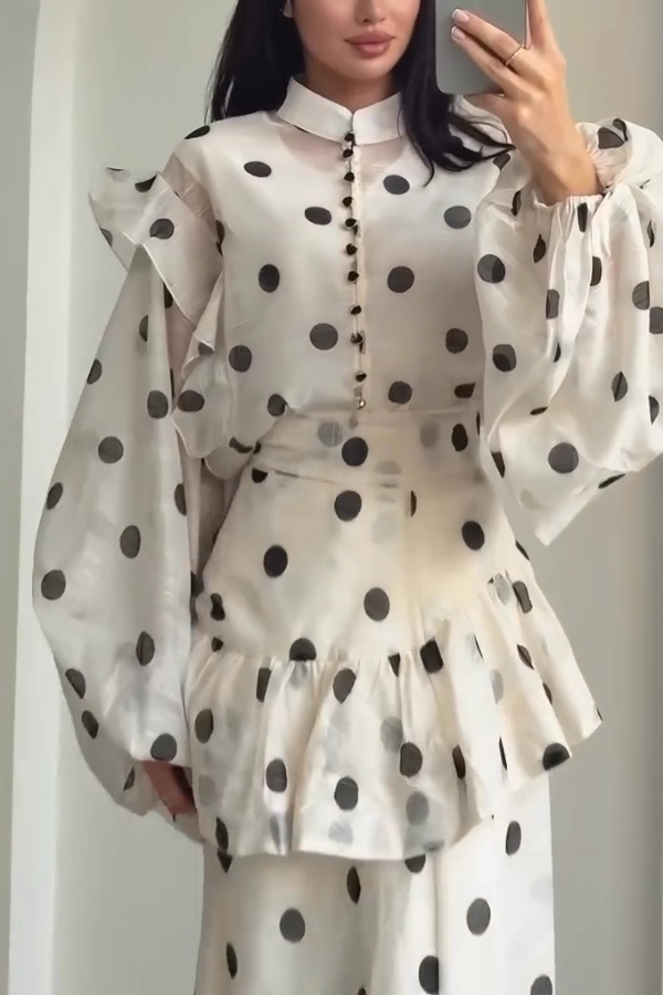 Stylish Polka Dot Print Stand Collar Long Sleeve Elegant Ruffle Maxi Dress