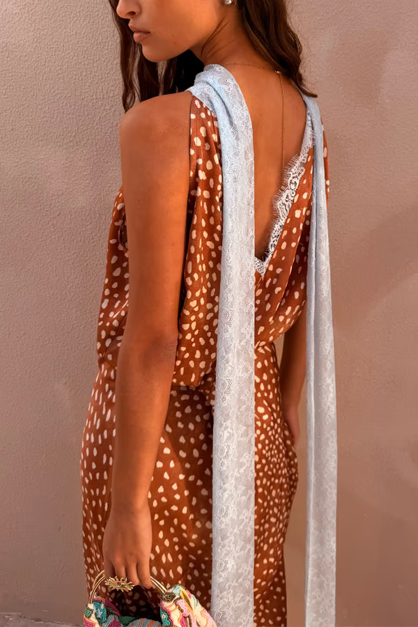 Stunning Fawn Print Contrast Color Satin Lace Trim Neck Strap Loose Tank
