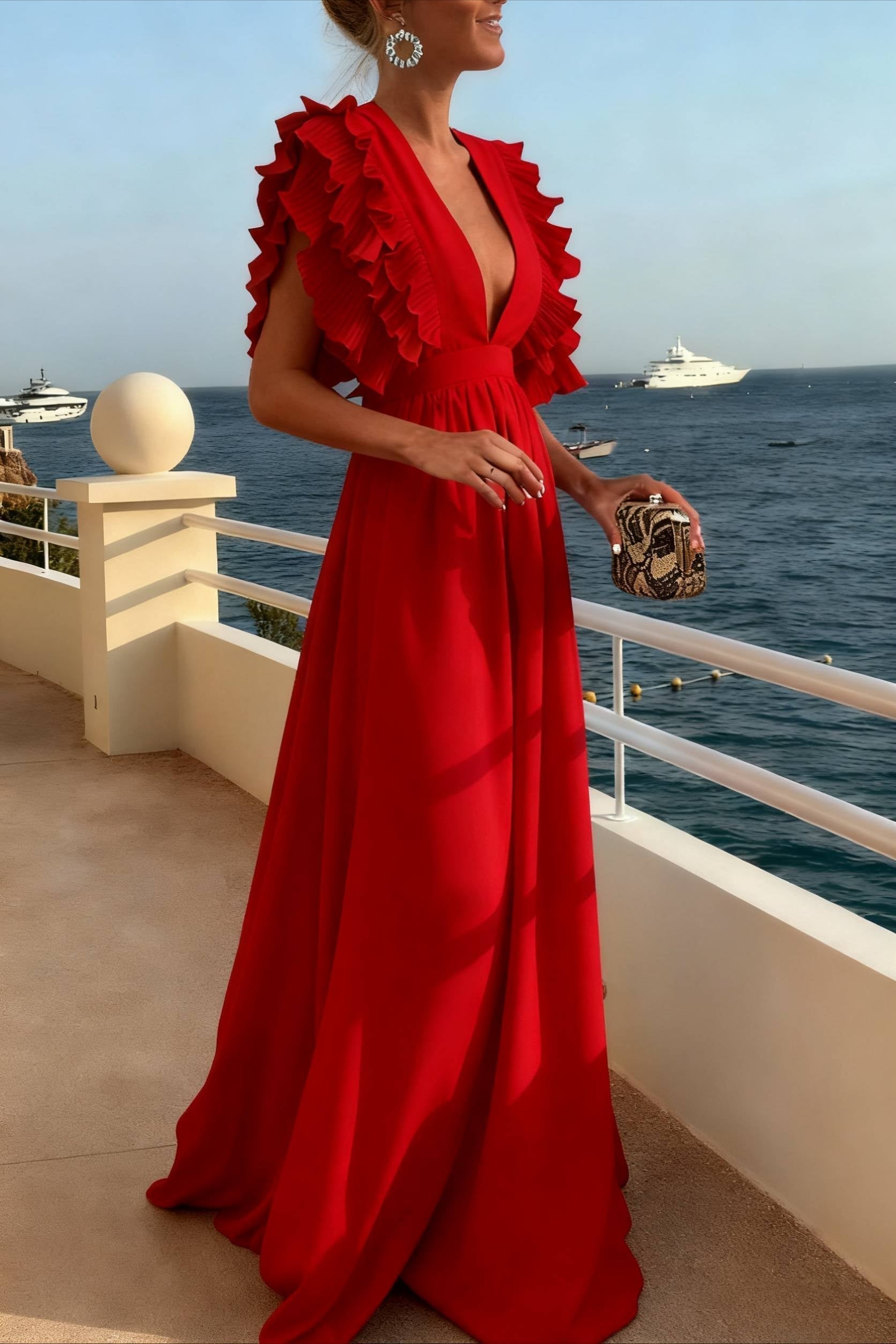 Deep V-Neck Flutter Sleeve Ruched Waistband A-Line Maxi Dress