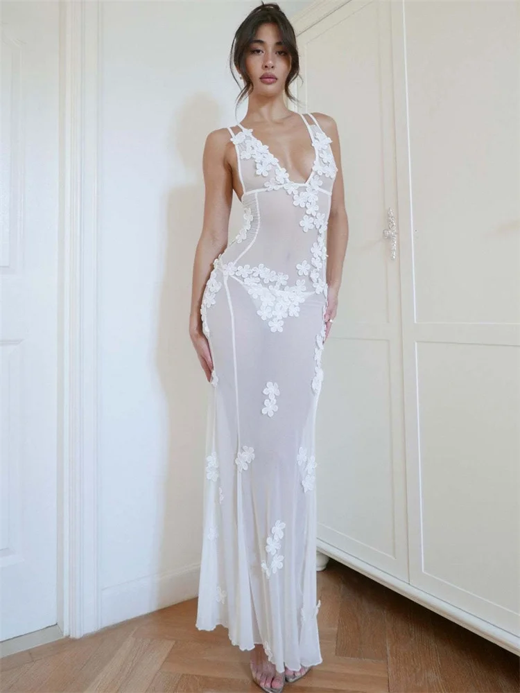 Ootddress Floral White Dress For Women See-Through Maxi Bodycon Dress Summer Lace Chiffon Wedding Party Night Vestidos Cover-up