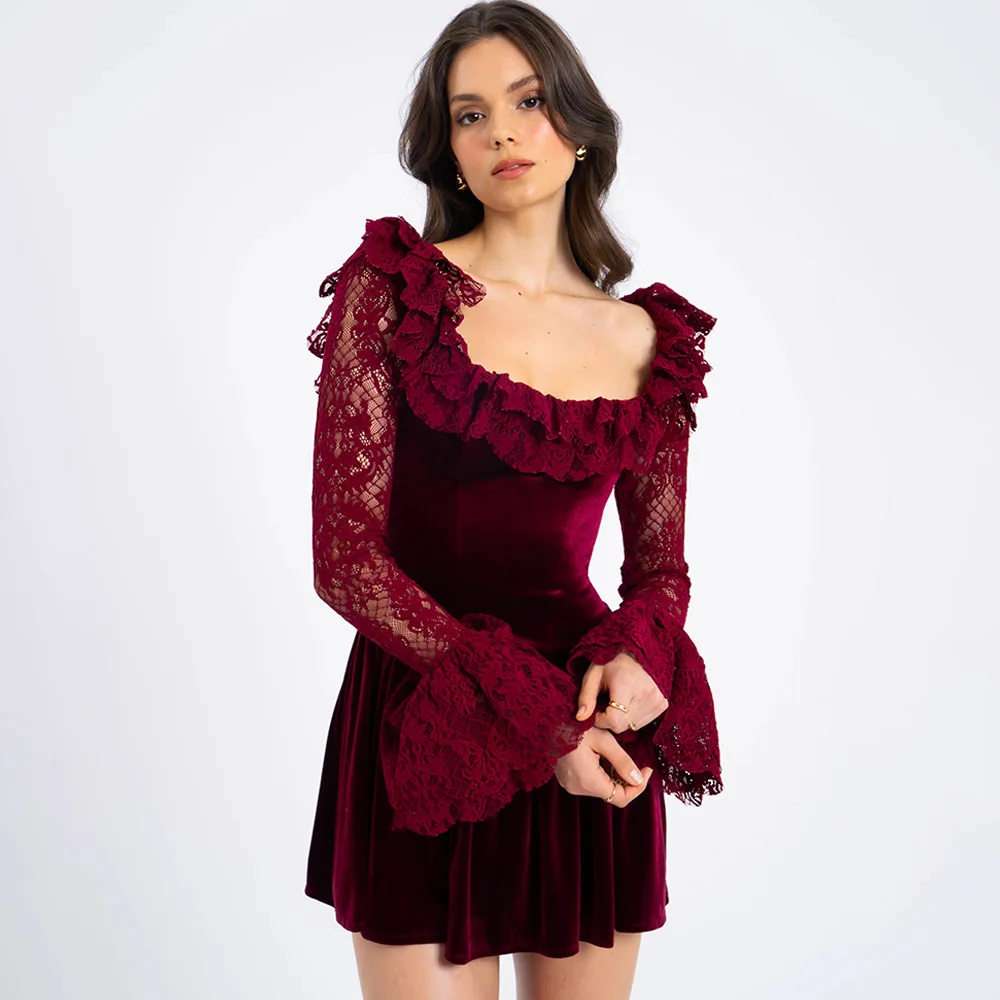 Ootddress Elegant Long Sleeve Lace Patchwork Tight Dress Women Sexy Trumpet Sleeves Slim Skirt Autumn/Winter New 2025 Vestido
