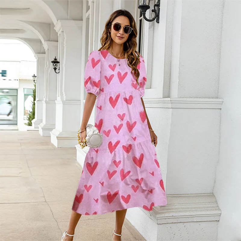 2025 Summer New Women's Print Dress Puff Short Sleeves Ruffles Loose A-line Midi Dresses Fashion Casual Beach Vacation Vestidos 8 undefined