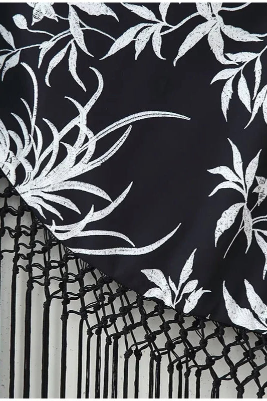 Botanical Print One Shoulder Mesh Insert Fringe Tassel Asymmetrical Hem Mini Dress