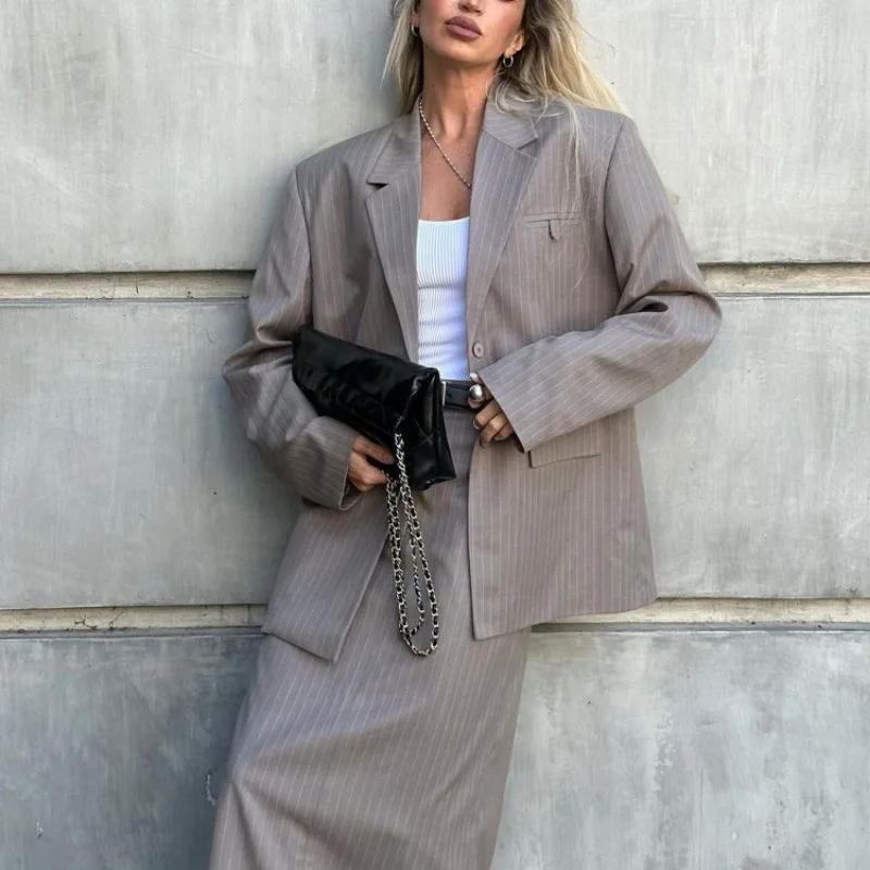 Ootddress Oversized Blazer Suits For Women Loose Slit High Waist Skirts Femme New Street Casual Blazers 2 Piece Sets Womens Outfits