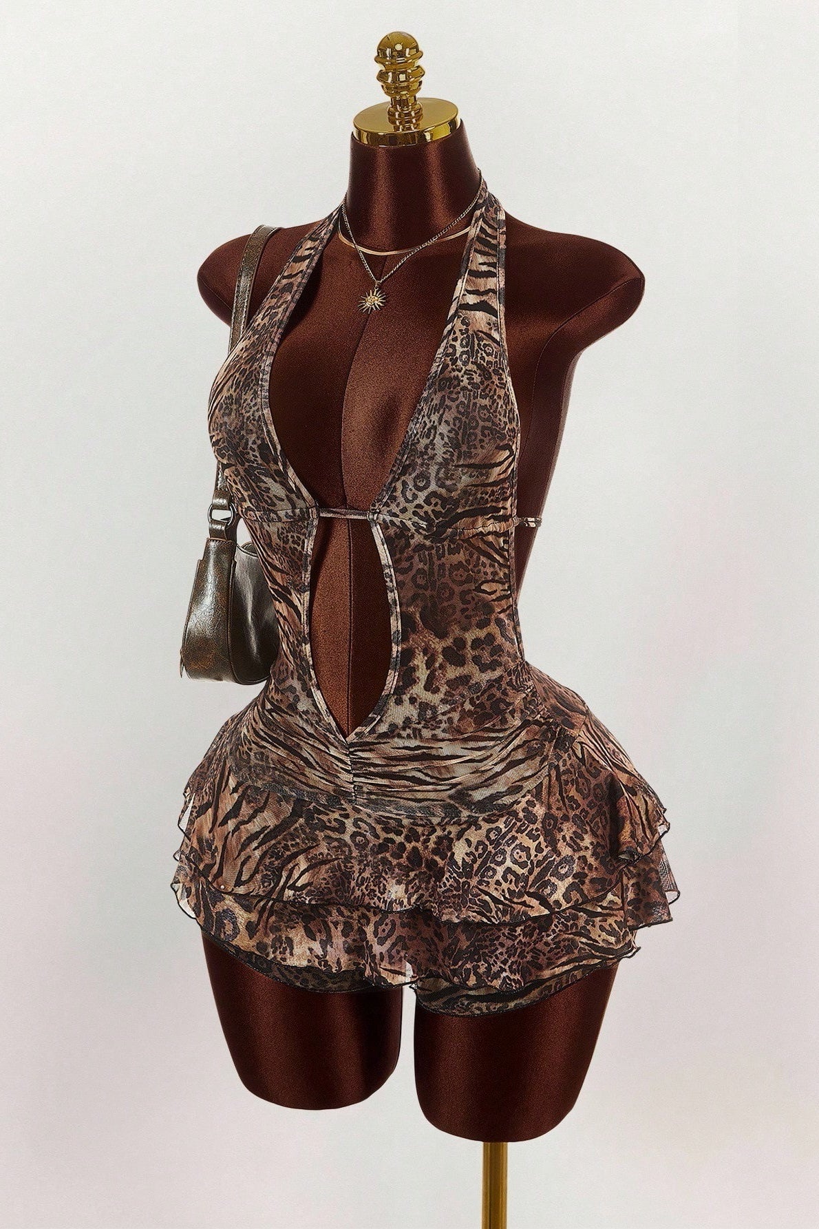 Halter Neck Deep V-Neck Keyhole Cutout Tiered Ruffle Print Mini Dress