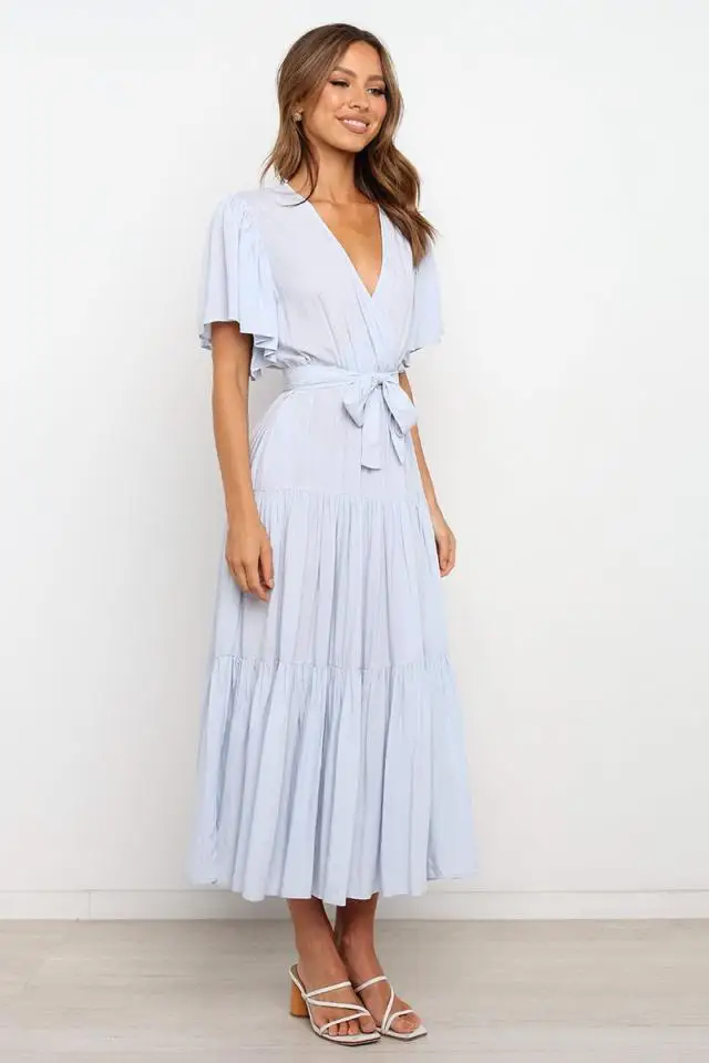 Trendy Solid Color Ruffles Long Dresses Women Sexy V-neck Ruffle Sleeves Leace-up Temperament Elegant Lady Dress 2025 Summer New 42 undefined