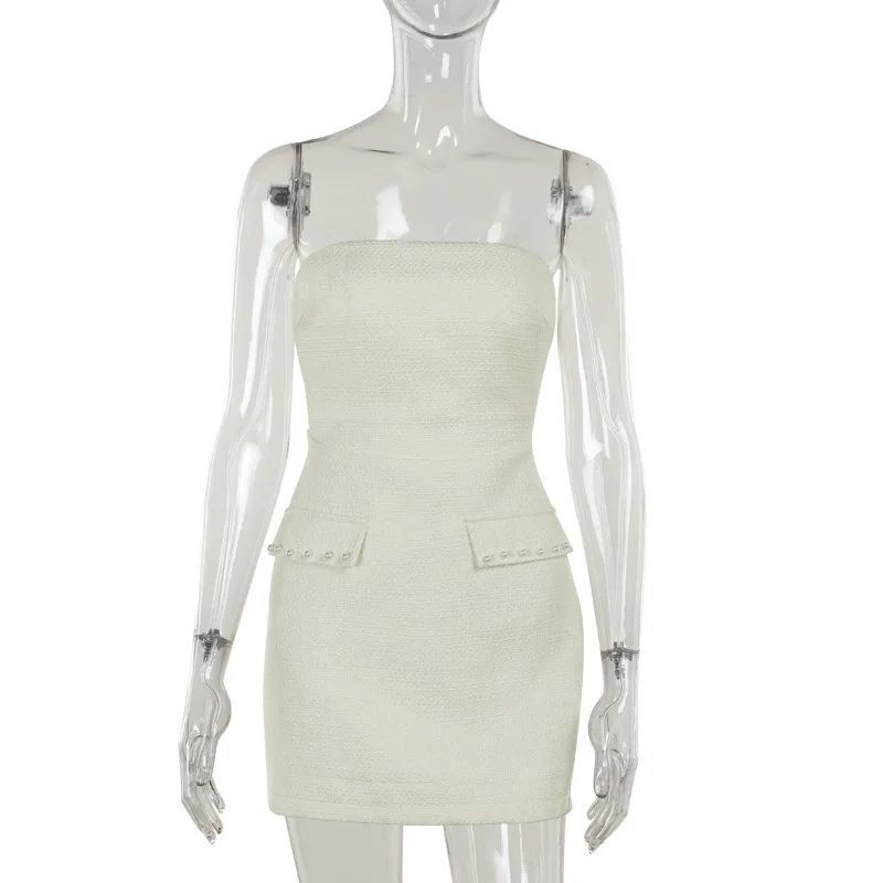 Ootddress Pearl Dress Sets Women Autumn Long Sleeve Coat And Mini Dress Two Piece Sets Femme Sexy Strapless Dress Matching Sets