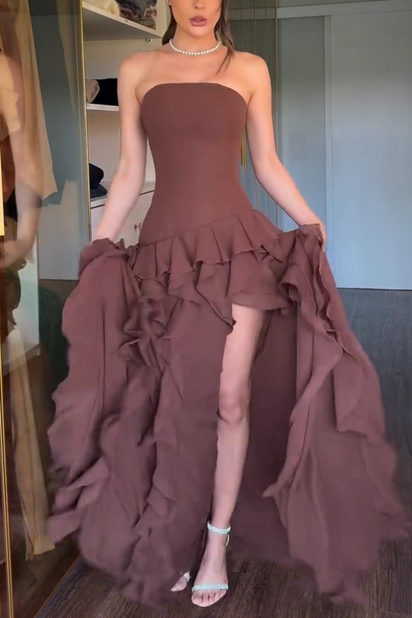 Elegant Sleeveless Off-shoulder Fitted Ruffled High Slit Maxi Dress