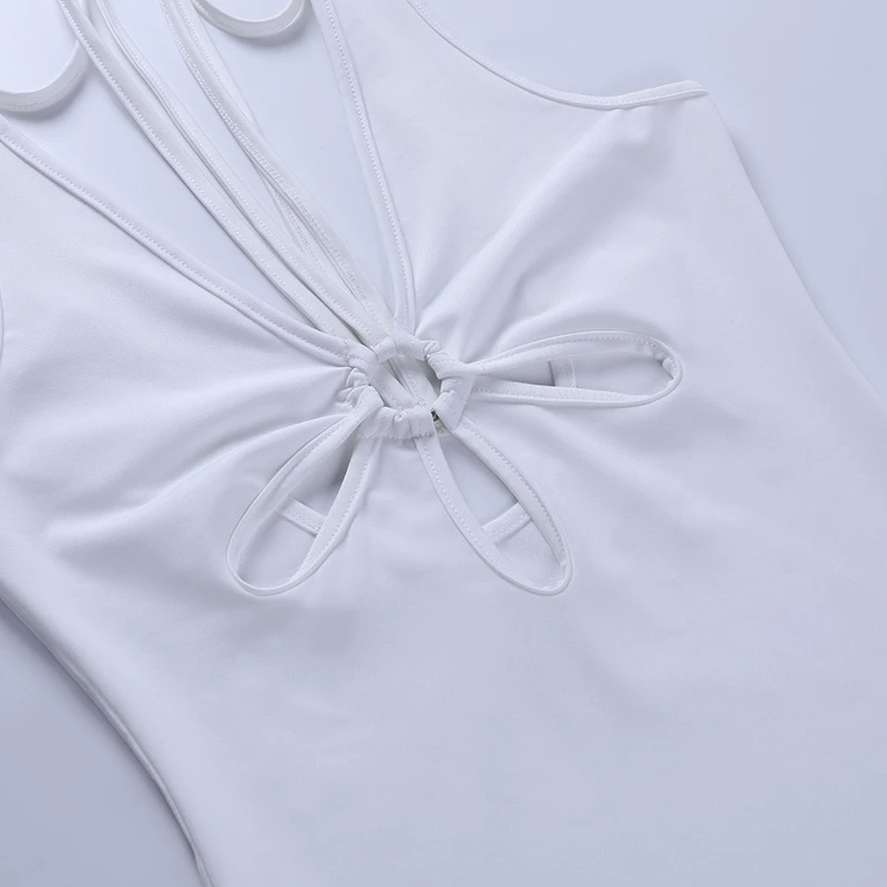 Ootddress White Hollow Out Mini Dresses Summer Sexy Bodycon Backless Party Dress Skinny Sleeveless Night Club Beach Dress