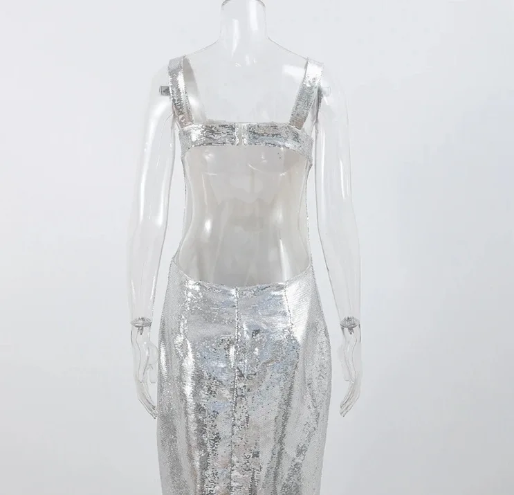 Temperament Sexy Backless Hollow Suspender Party Dress Fashionable Sequin High Waist Slim Formal Occasion Women's Evening Dress
