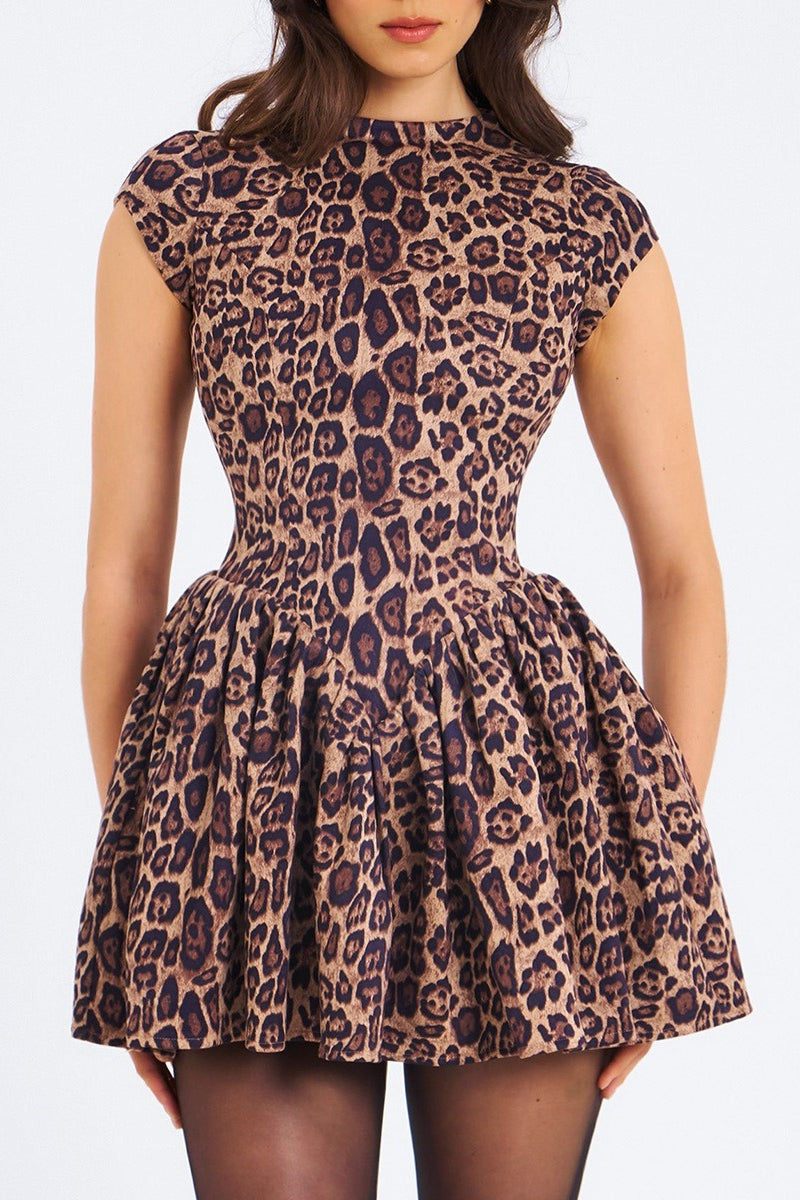 Print High Neck Pleated Skater Mini Dress