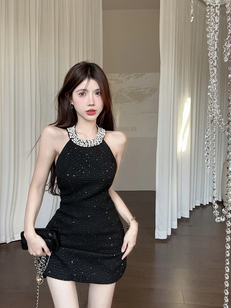 Sexy Halter Mini Dress Women Sleeveless Rhinestone Patchwork Shiny Slim Fashion Backless Evening Party Dresses Club Prom Vestido