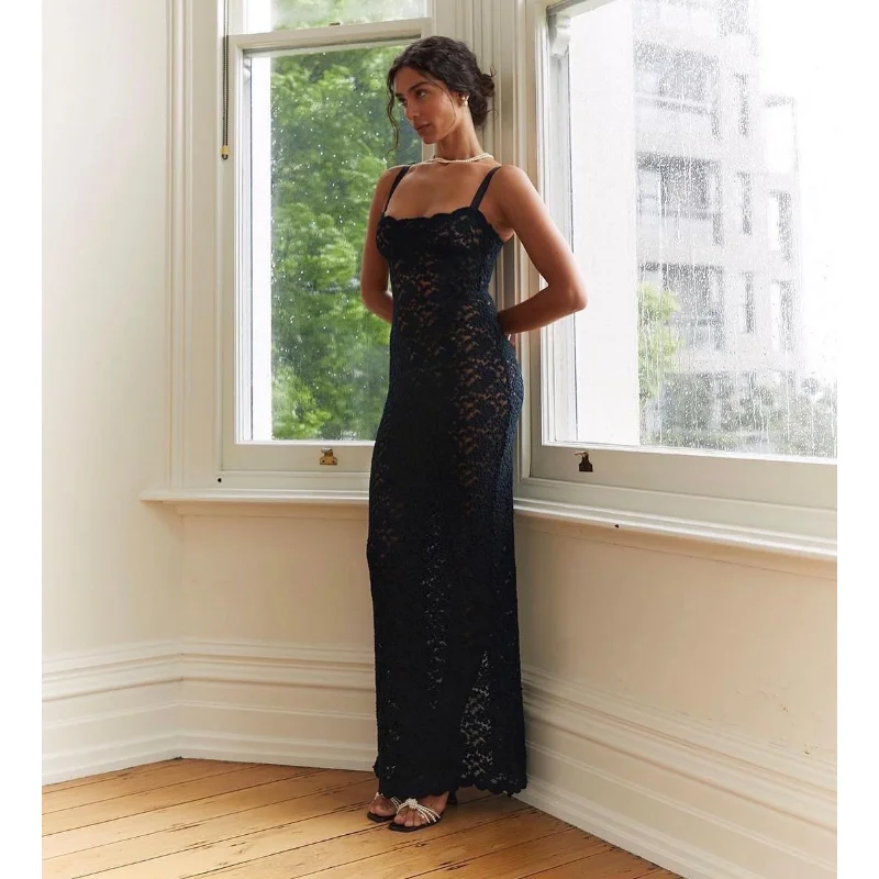 Ootddress Lace Black Dress Female Slim Hollow Out Spaghetti Backless Dress Elegant Party Evening Gown Split Women Maxi Dress Summer