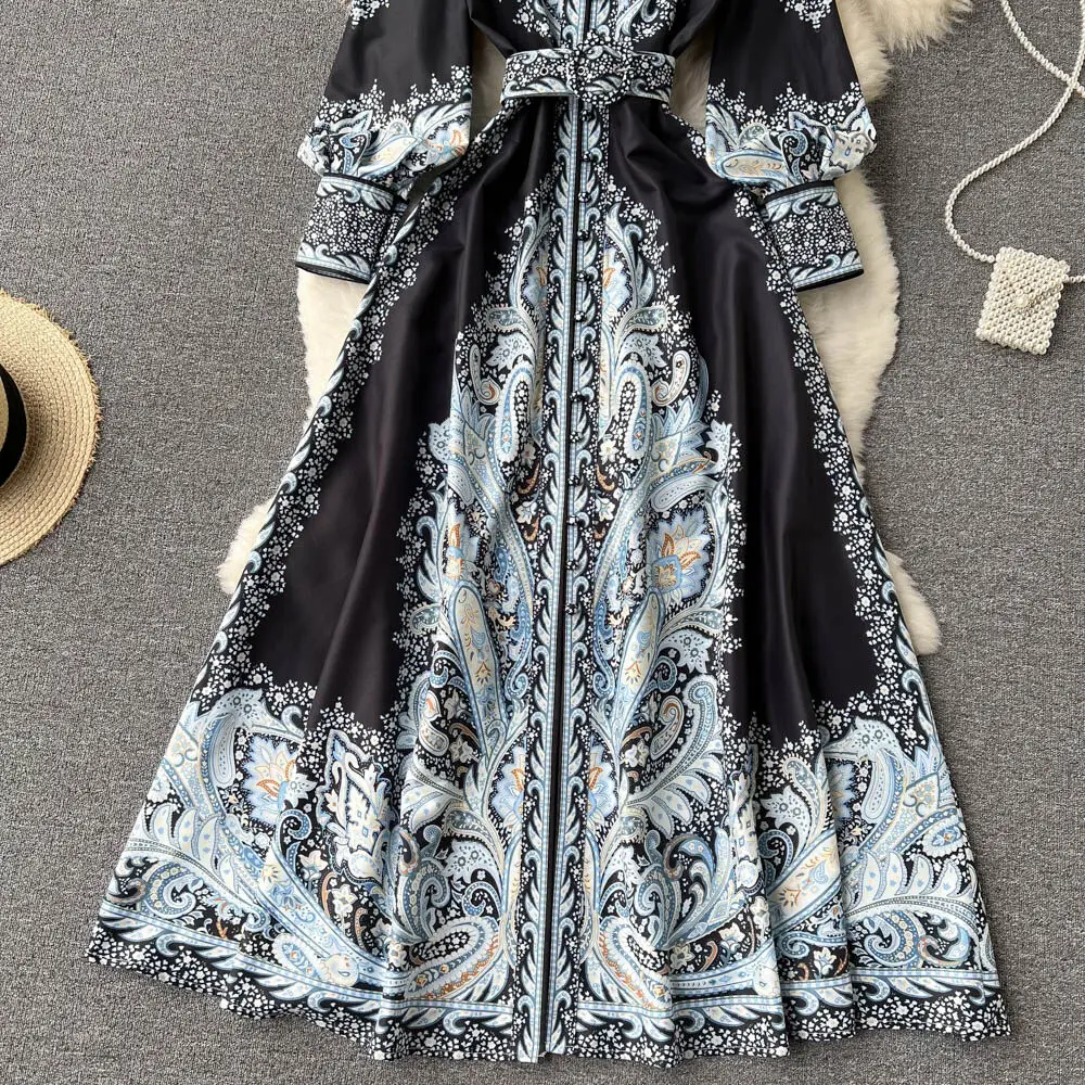 New Women Vintage Party Dress Fashion Long Sleeve Single Breasted Stand Collar Elegant Printed Long Dresses Spring Autumn Robe