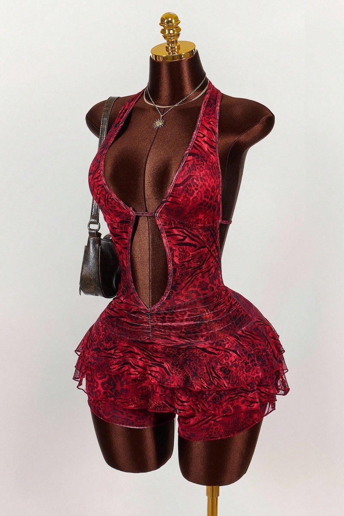Halter Neck Deep V-Neck Keyhole Cutout Tiered Ruffle Print Mini Dress