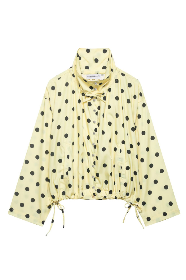 Polka Dot Print Loose Stand Collar Button Bow Tie Casual Long-sleeved Jacket