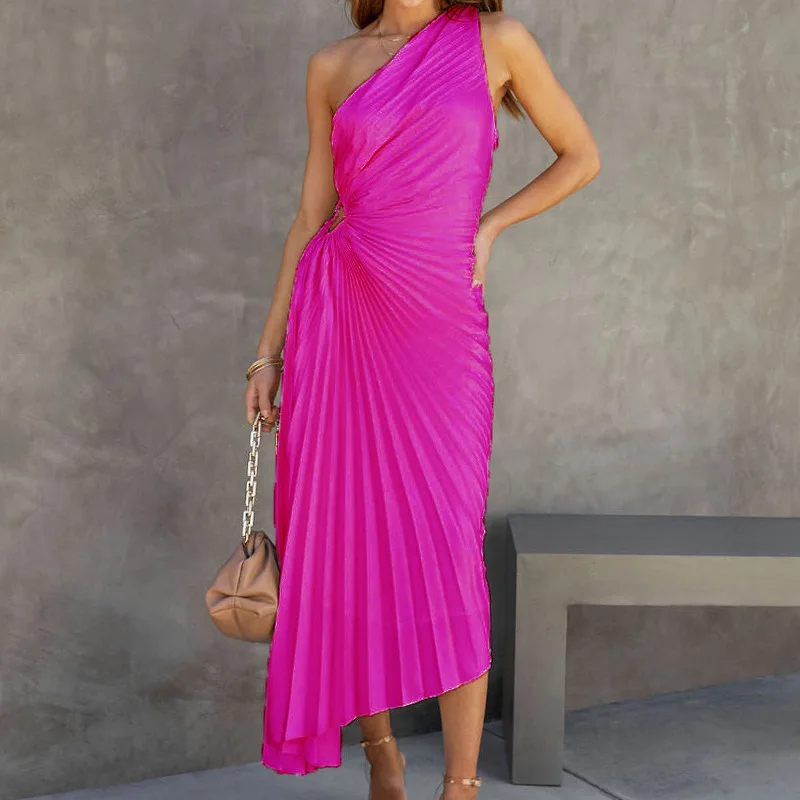 Ootddress Elegant Female Sexy Dress Gown Pleated One-Shoulder Sleeveless Summer Party Dress Fashion Slim Solid For Women Maxi Dress