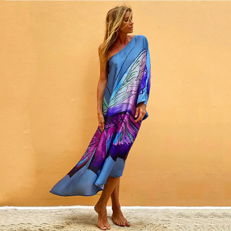 Color Butterfly Print One Shoulder Sleeve Dresses Women Sexy Off Shoulder Loose Beach Vacation Irregular Long Dress Streetwear 19 undefined