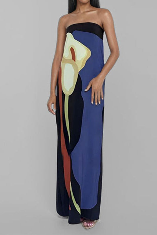 Strapless Oversized Abstract Floral Placement Print Column Maxi Dress