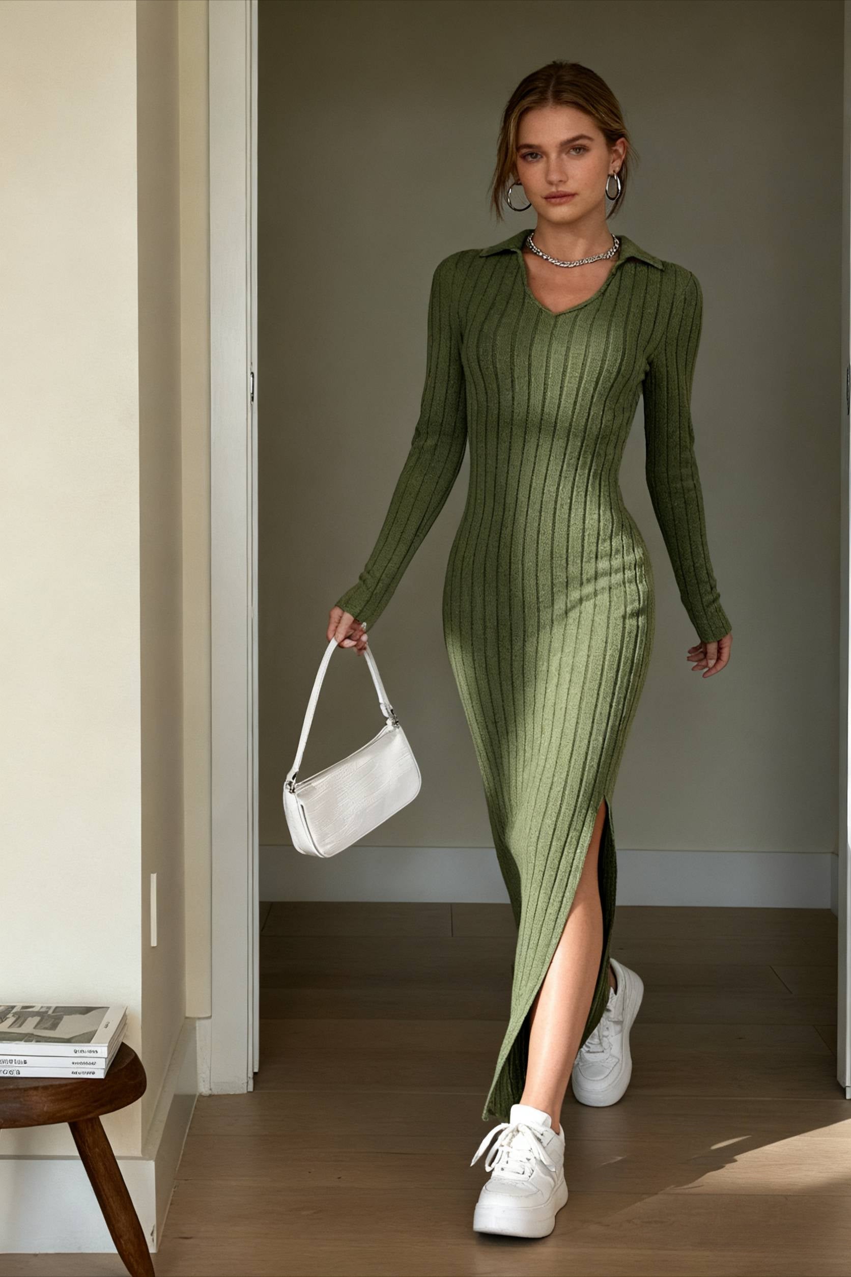 Rib Knit Polo Collar V-Neck Long Sleeve High Slit Maxi Dress