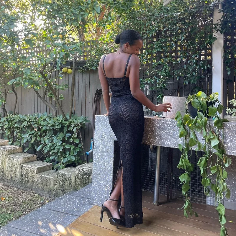 Ootddress Lace Black Dress Female Slim Hollow Out Spaghetti Backless Dress Elegant Party Evening Gown Split Women Maxi Dress Summer