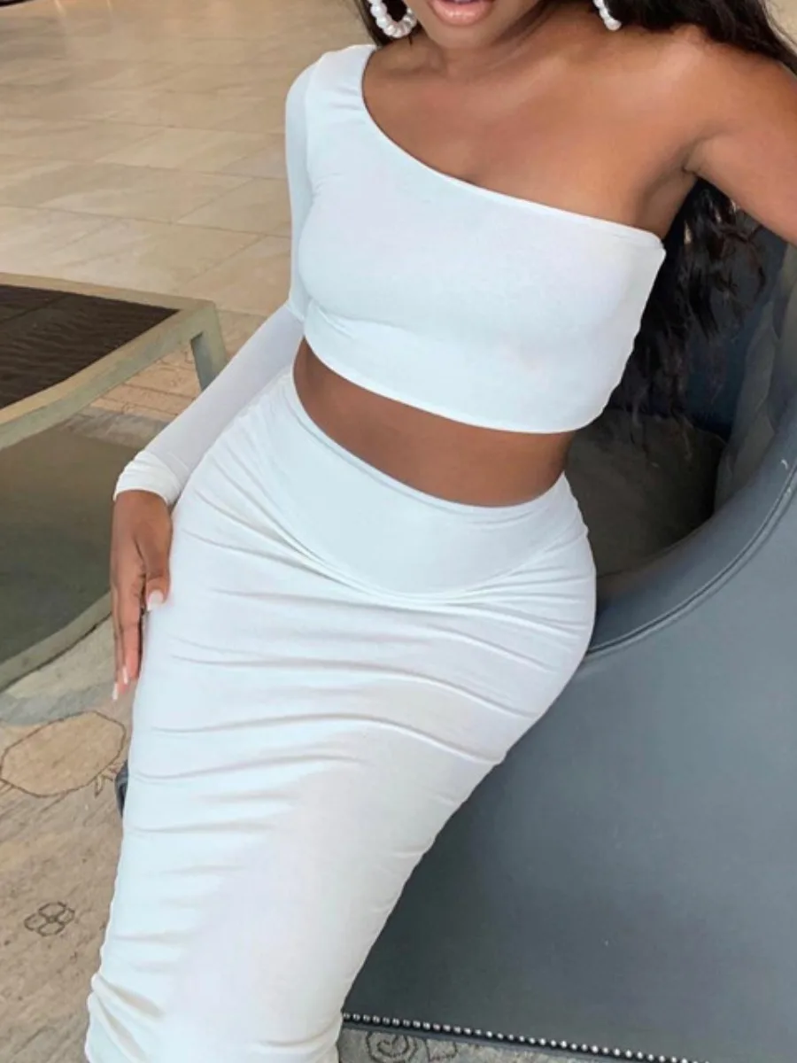 Party 2PC Dresses One Shoulder Skinny Black Two Piece Skirt Set One-sleeve Basic Top Sheath Dress Matching Outfits For Women 15 Party 2PC Dresses One Shoulder Skinny Black Two Piece Skirt Set One-sleeve Basic Top Sheath Dress Matching Outfits For Women