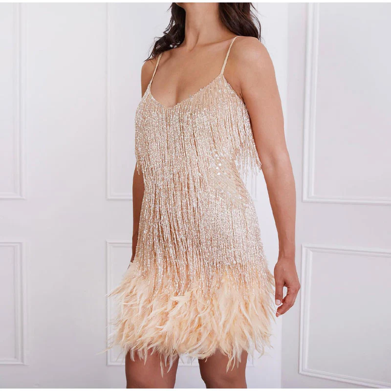 Fringe Feather Trim Deep V-Neck Spaghetti Strap Mini Dress