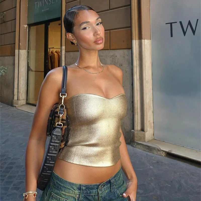 Ootddress Gold PU Crop Tops For Women 2025 Bodycon Backless Sexy Off Shoulder Tank Top Hot Girls Street Slim Party Tube Top Ladies 15 Ootddress Gold PU Crop Tops For Women 2025 Bodycon Backless Sexy Off Shoulder Tank Top Hot Girls Street Slim Party Tube Top Ladies
