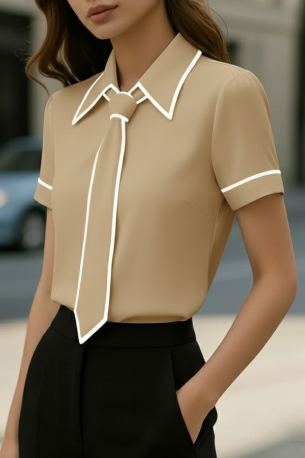 Stylish Color-blocked Trim Collared Short-sleeved Casual Shirt