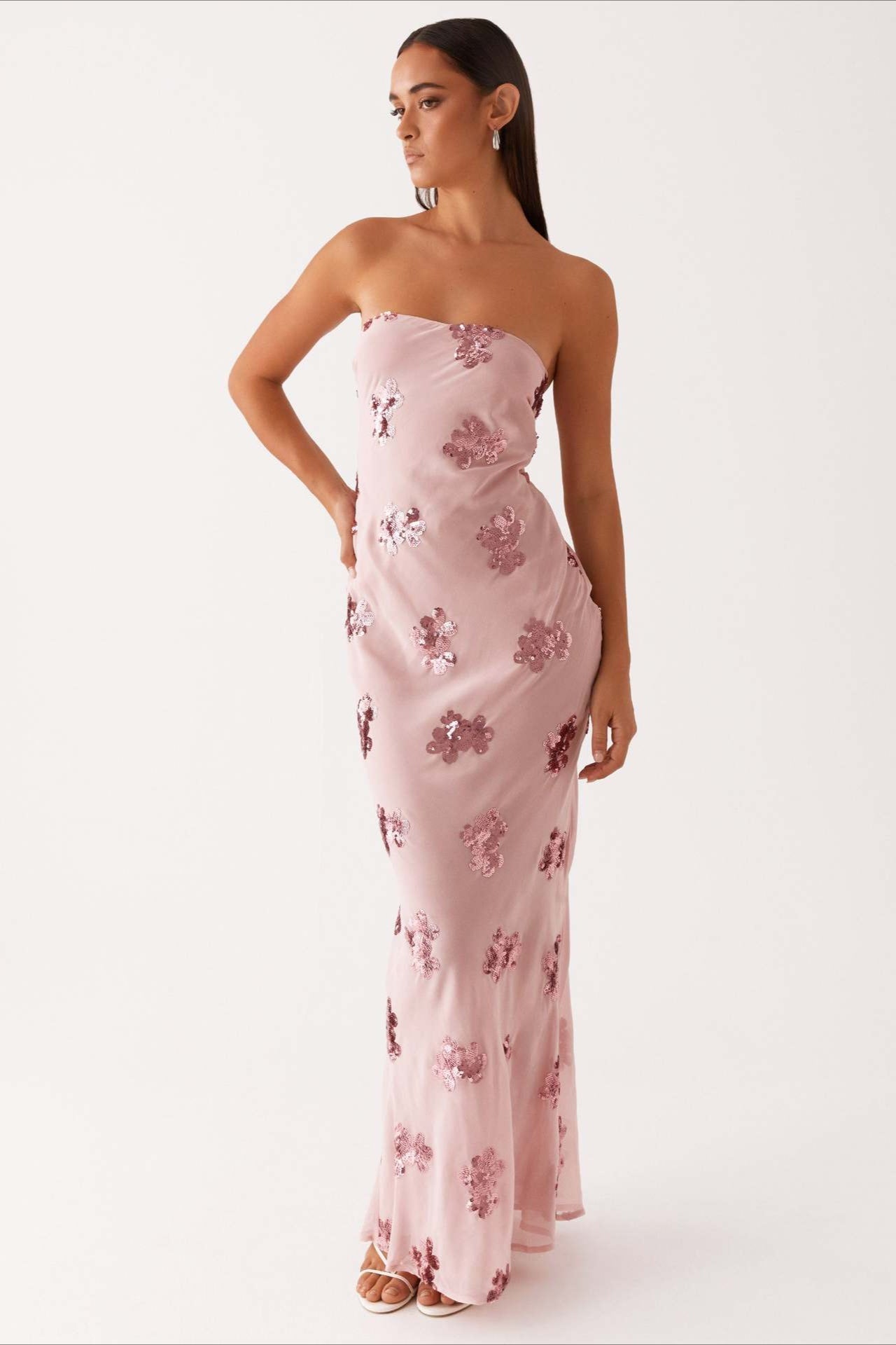 Pink Strapless Sequin Floral Embroidery Column Maxi Dress