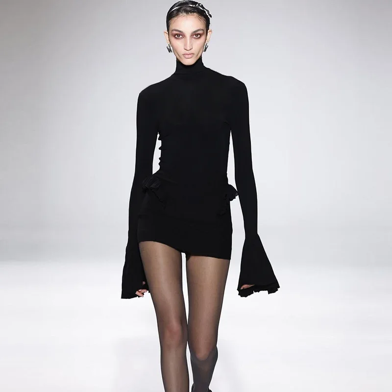 Ootddress Autumn Ruffled Patchwork Mini Dress Women's Long Sleeve High Waist Fashion Elegant Dress Ladies Skinny Party Dress