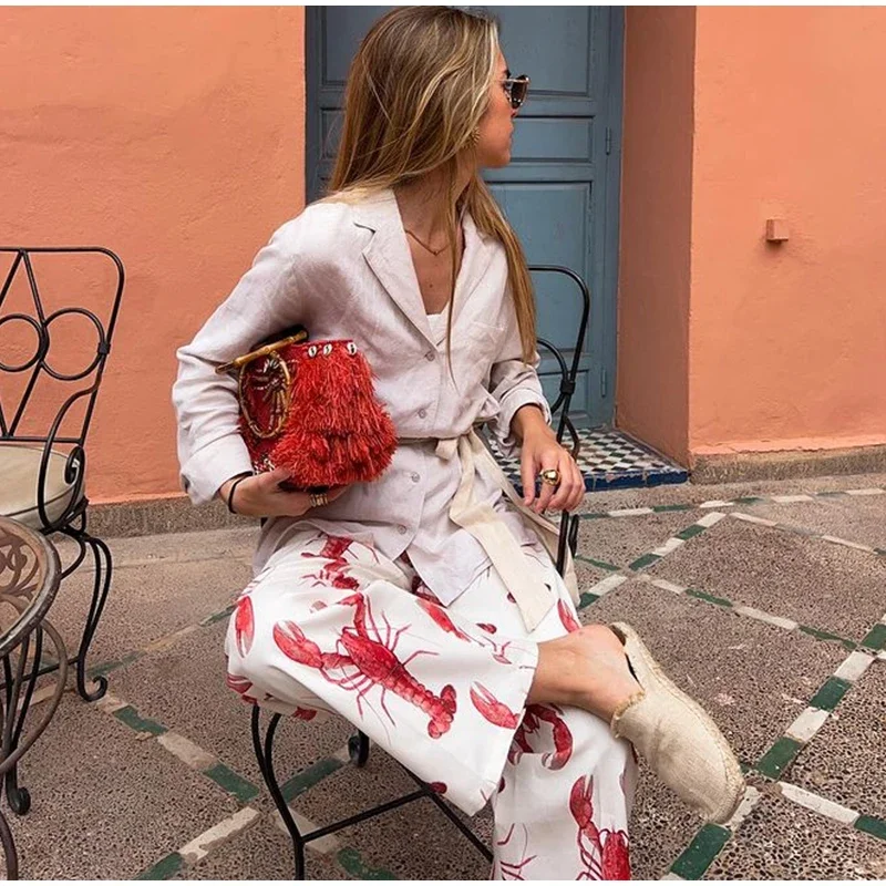 Cartoon Cray Printing Long Pants Set For Women 2025 Summer Short Sleeve Shirt High Waist Wide Leg Pant 2 Piece Sets Lady Outfits