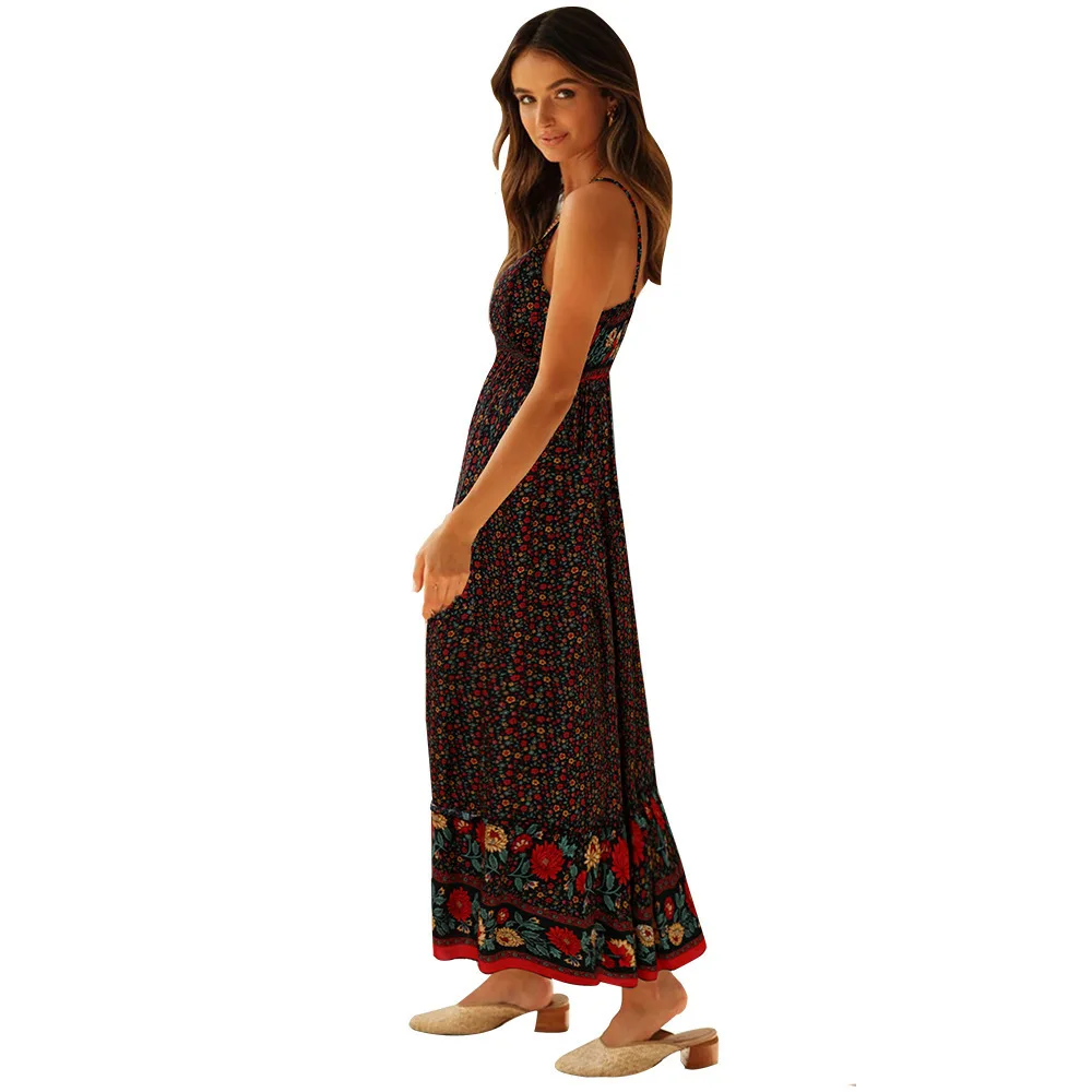 Bohemian Floral Spaghetti Strap Dresses Women Sexy V-neck Backless Casual Beach Vacation Long Dress Female Vestidos Summer New 41 undefined
