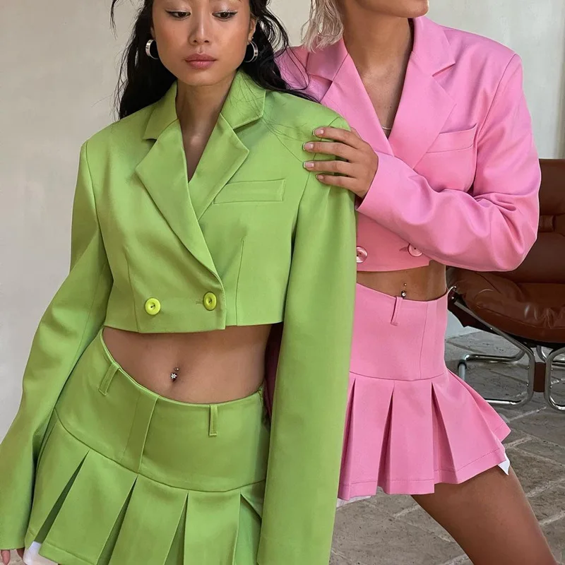 Ootddress 2025 Fall Women Blazer Suit Two Piece Sets Turn-down Collar Blazers Tops And Pleated Skirts Femme High Street Y2K Outfits