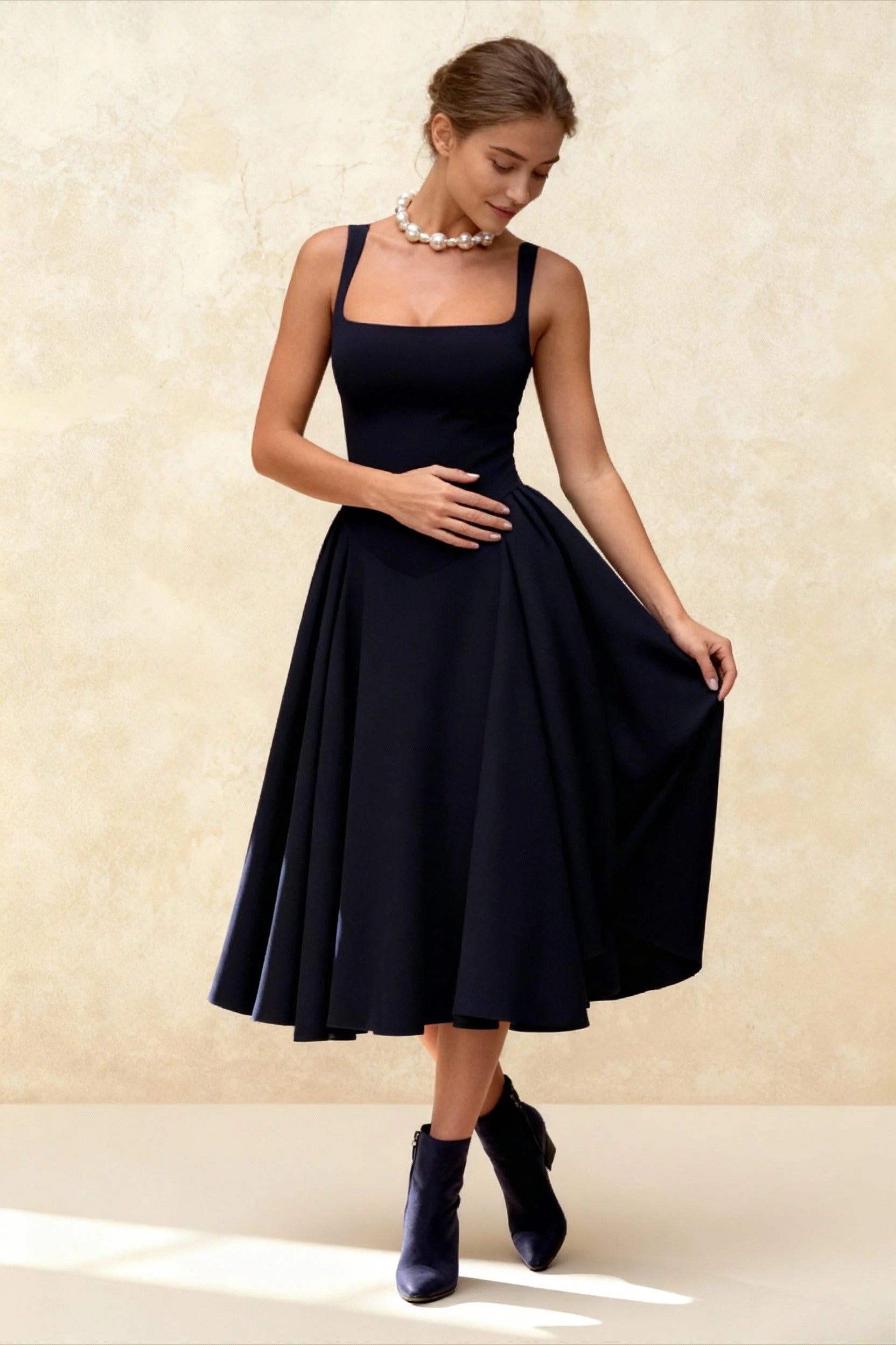 Square Neck Sleeveless Fit and Flare Midi Dress