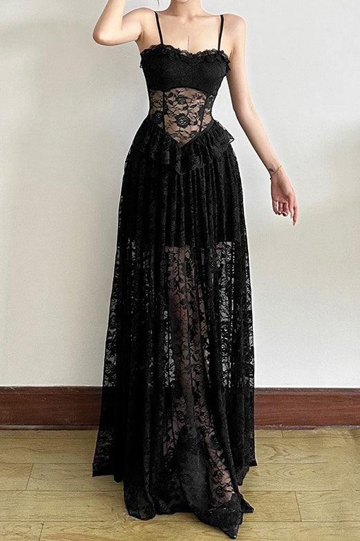 Corset Sweetheart Lace Peplum Waist Tiered Floral Maxi Dress