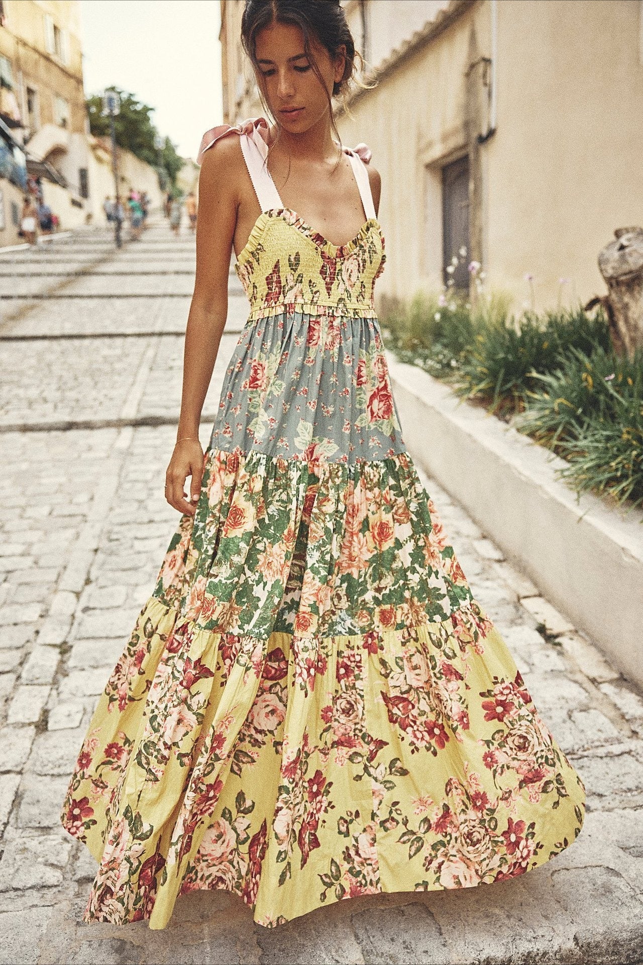 Smocked Sweetheart Bow Shoulder Strap Patchwork Floral Tiered Maxi Dress