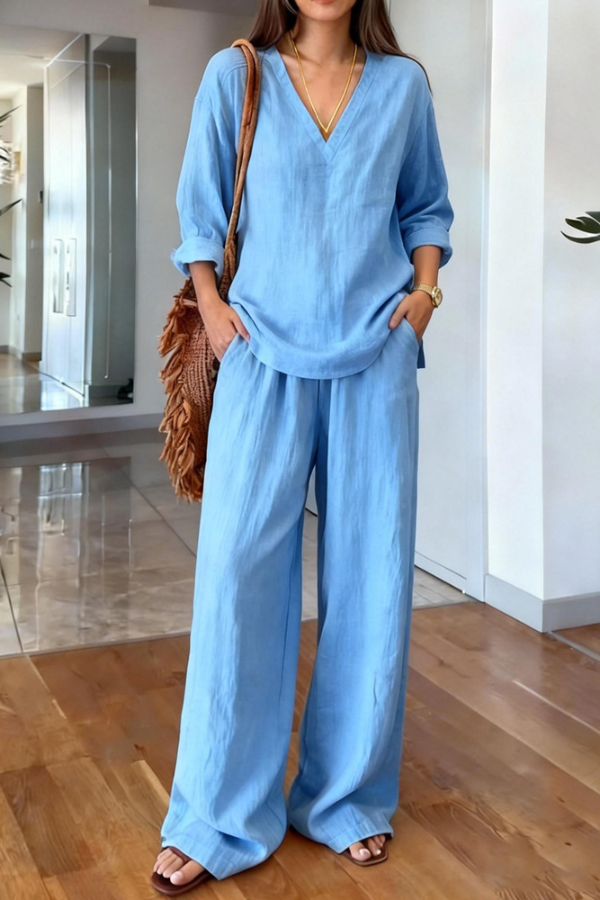 Linen Blend V-neck Long-sleeved Loose Top and Elastic Waist Casual Pocket Pants Set