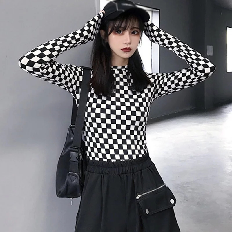 Cute Black White Checkerboard Plaid Long Sleeve Shirt Top Punk Goth Aesthetic Casual E-Girl Kawaii Korean Japanese Harajuku