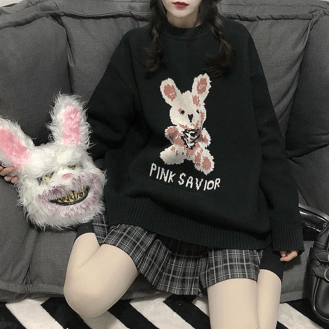 Bunny Knit Casual Sweater Sweatshirt Loose Jumper Long Sleeve Pullover Top Punk Goth E-Girl Kawaii Korean Japanese Harajuku Streetwear
