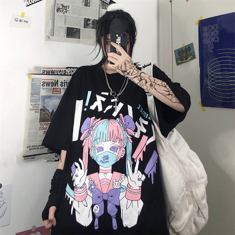 Cute Japanese Girl Punk Goth Print Oversized Short Sleeve Shirt Tee T-shirt E-Girl Kawaii Korean Japanese Harajuku Retro Streetwear Aesthetic