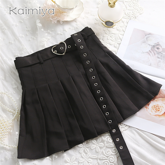 Cute Preppy Summer Pleated Heart Shape Belt High Waist Mini Skirt Bottom E-Girl Kawaii Korean Japanese Harajuku Chinese Retro Streetwear Aesthetic