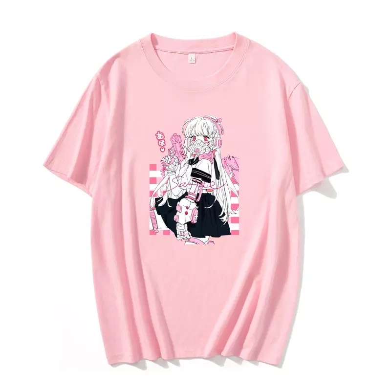 Cute Pink Black Sweet Vintage Anime Girl Cartoon Loose Short Sleeve Shirt Tee T-shirt Summer Casual E-Girl Kawaii Korean Japanese Harajuku Streetwear