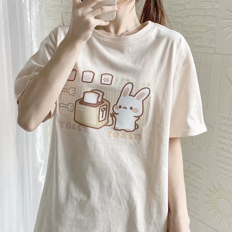 Cute Bunny And Toast Bread Graphic Cartoon Print Loose Short Sleeve T-shirt Aesthetic Casual Summer E-Girl Kawaii Korean Japanese Harajuku