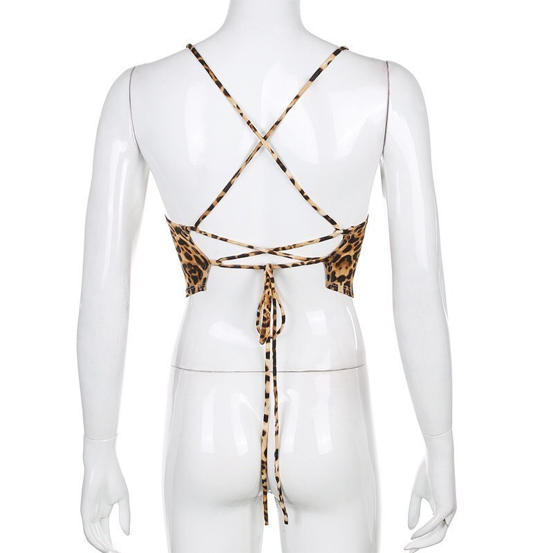 Sexy Leopard Backless Camisole Lace Up Spaghetti Strap Tank Crop Top Bandage Open Back Aesthetic E-Girl Kawaii Korean Japanese Harajuku Streetwear