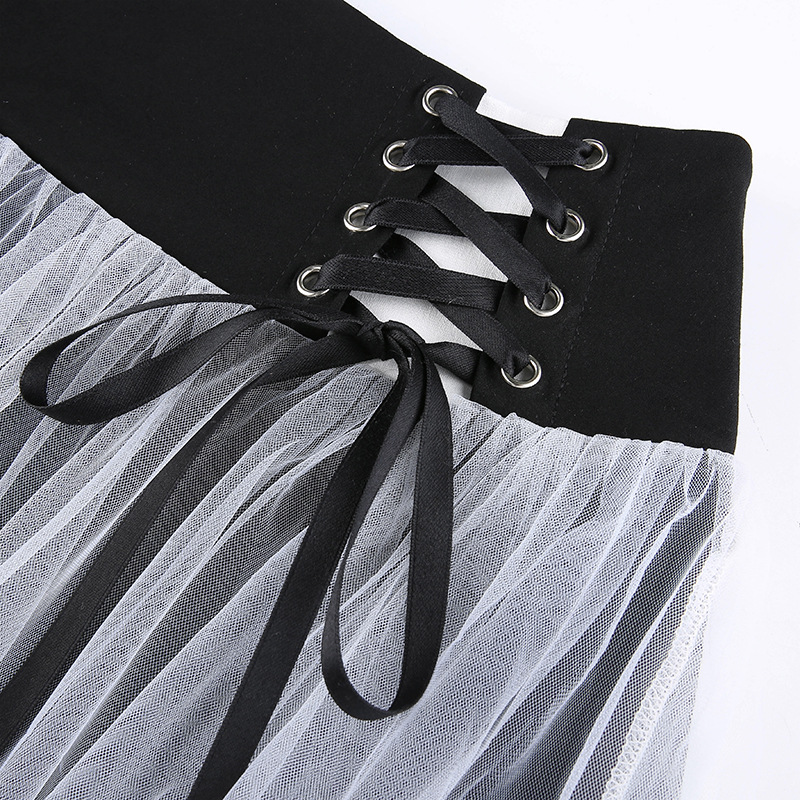 Sexy Goth Dark Punk Mesh A Line Skirt Lace Up Patchwork Ribbon Lace Trim High Waisted Summer Casual E-Girl Kawaii Korean Japanese Harajuku Streetwear