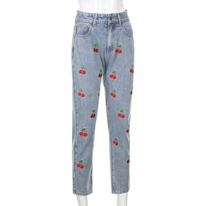 Cute Sweet Vintage Cherry Embroidery Light Washed Blue Denim Jeans High Waisted Cargo Slim Bottom E-Girl Kawaii Korean Japanese Harajuku Streetwear